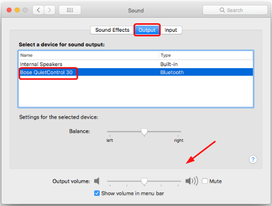 Choose Volume Output - Connect Bose Headphones to Mac