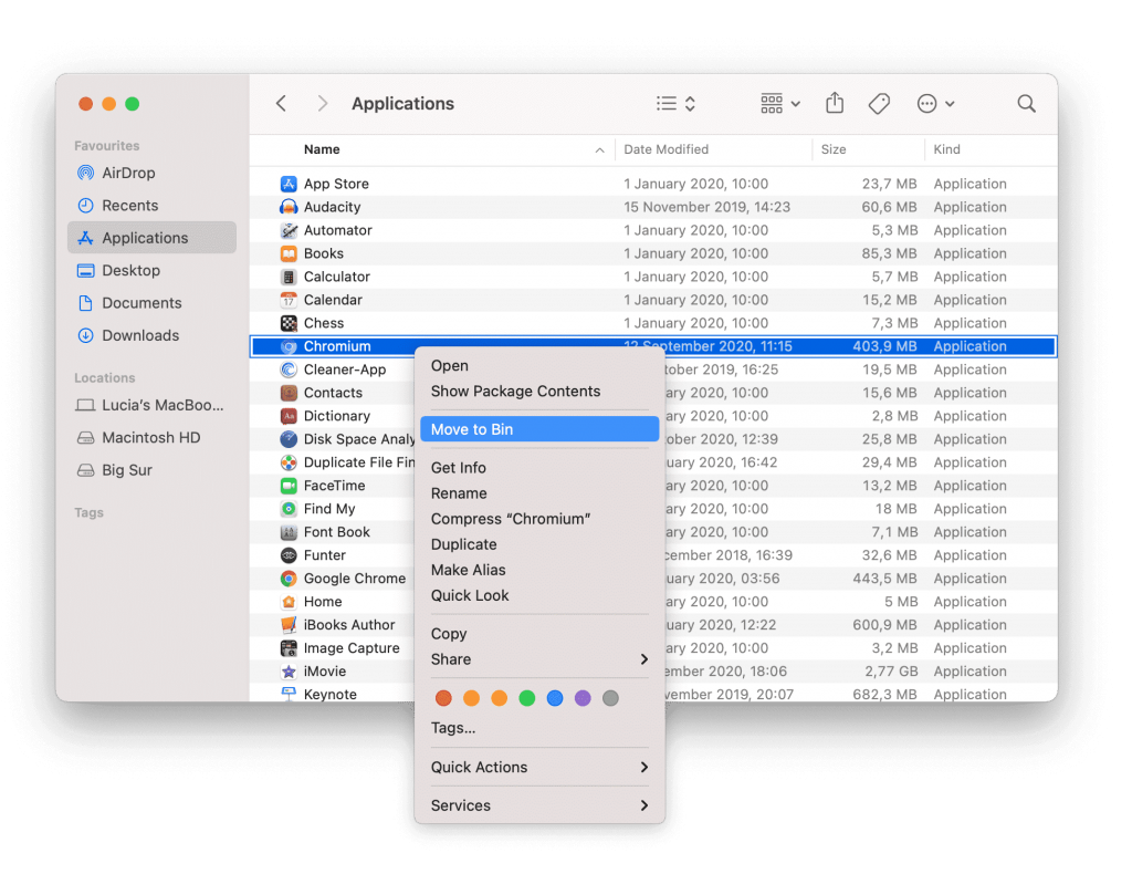 Move to bin - How to Remove Chromium from Mac