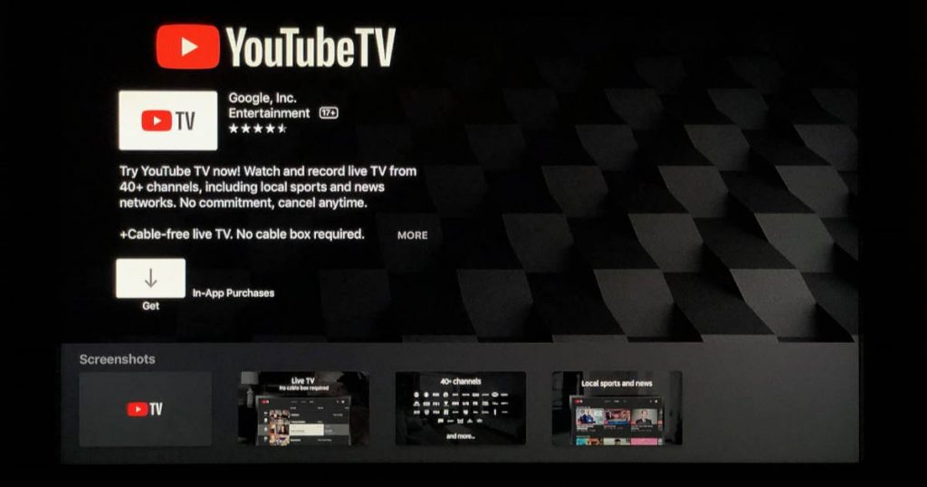 Click Get to install YouTube TV on Apple TV