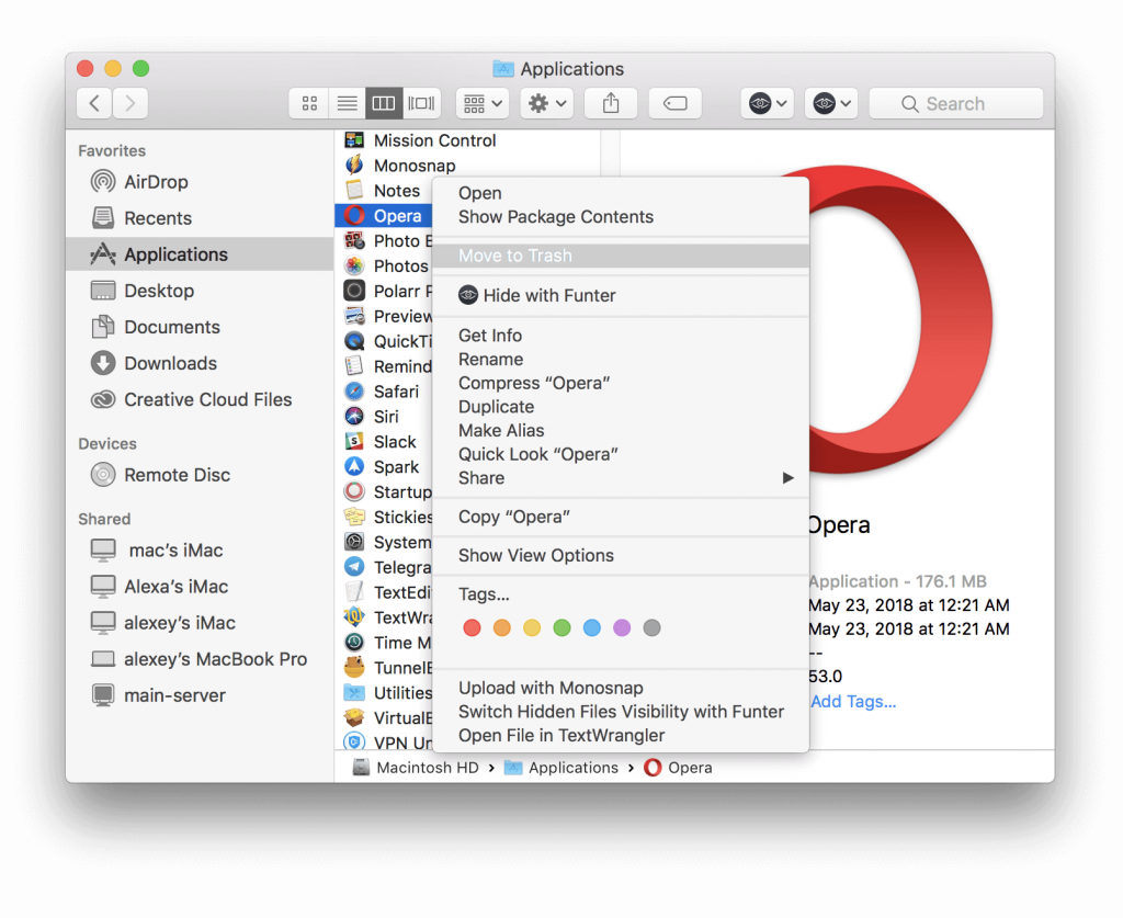 Move Opera App to Trash - Remove Opera From Mac