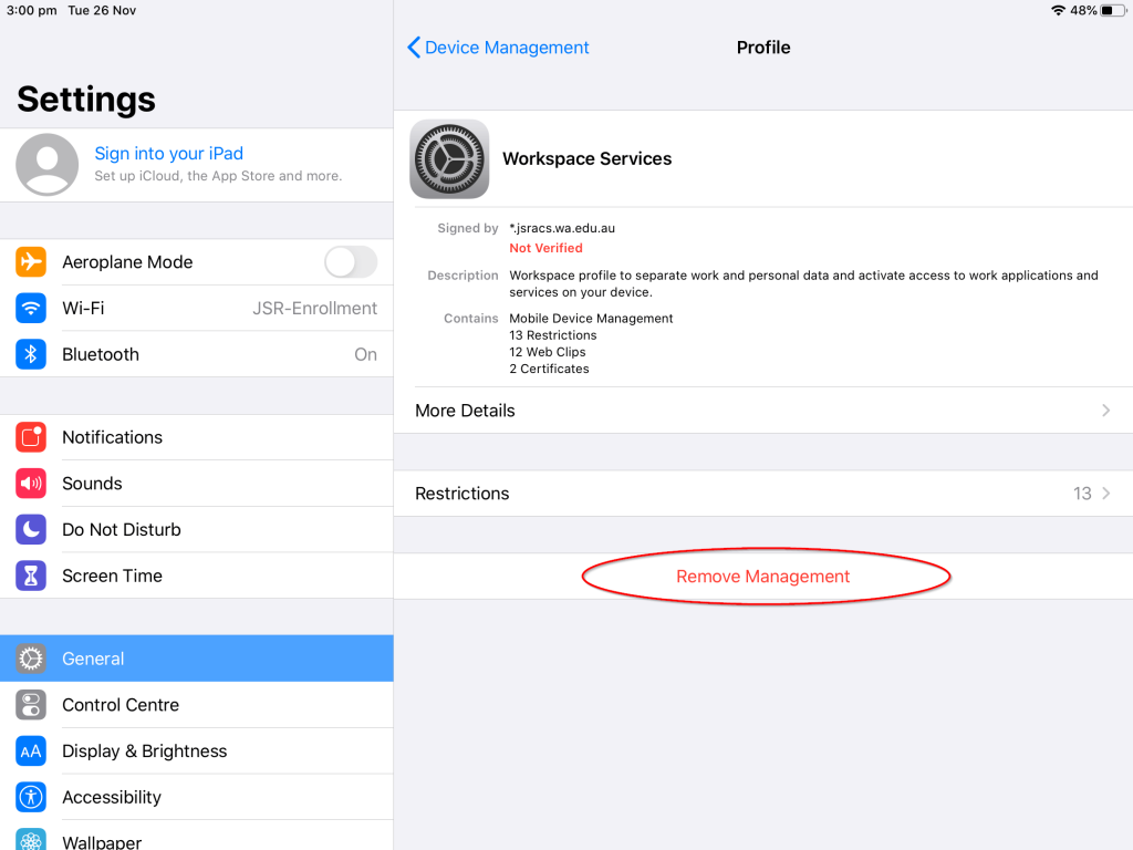 Click Remove Management to remove MDM from iPhone