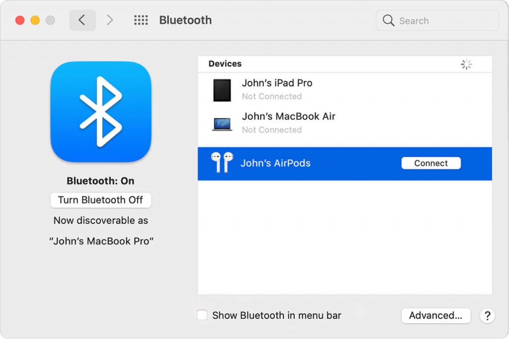 Choose AirPods to Connect it to MacBook