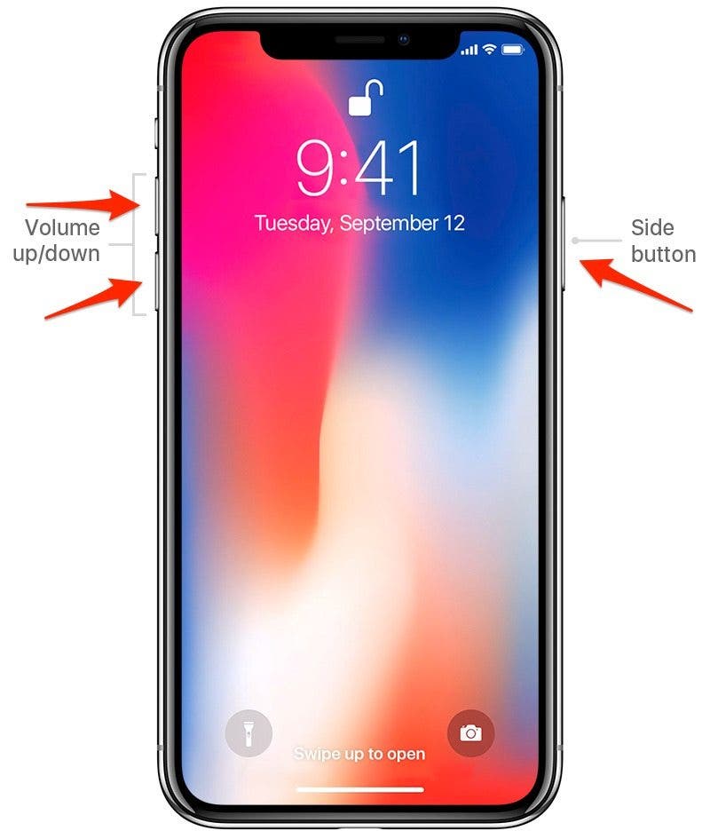 Press the volume up and power button take screenshot on iPhone X