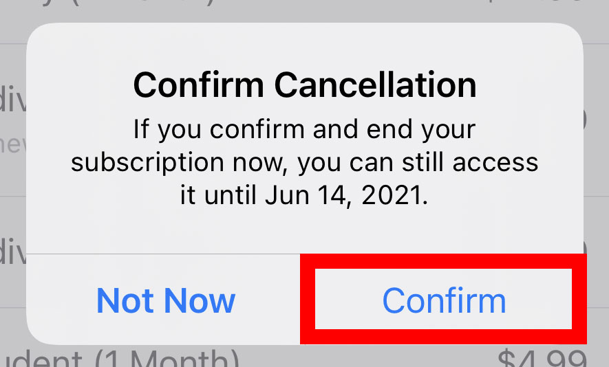 Select confirm to cancel subscription on iPhone.