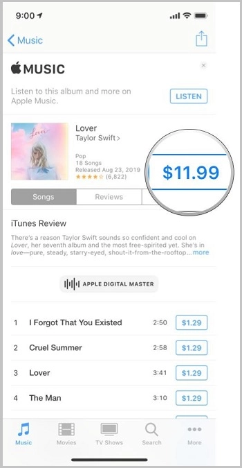 Purchase to download songs to your iPhone.