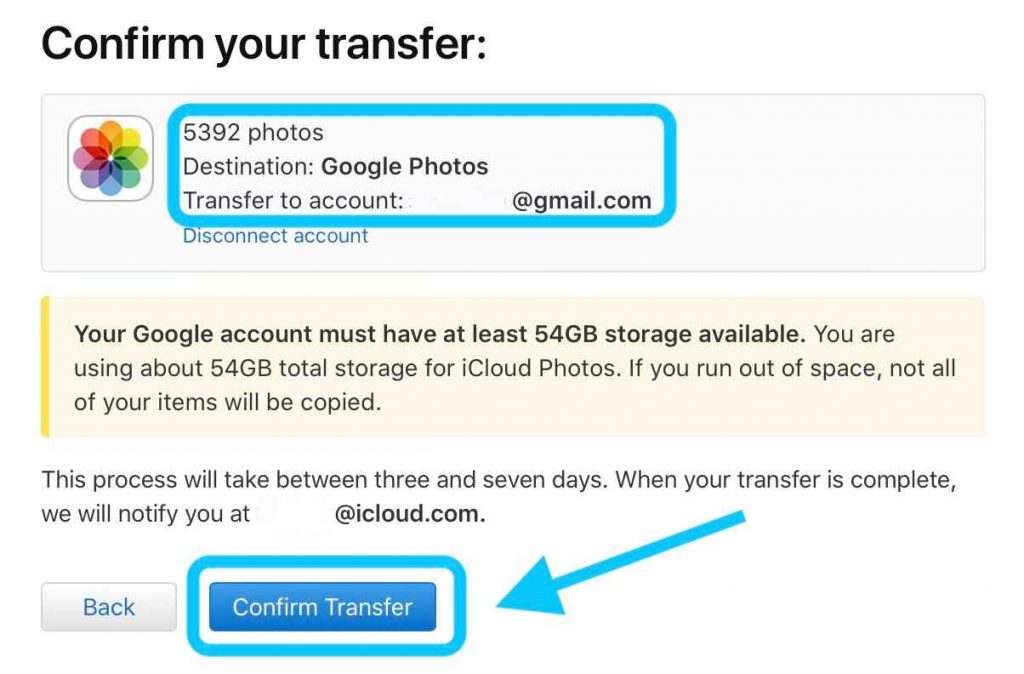 Click on confirm your transfer to move photos from iCloud to Google Photos