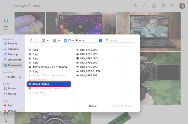 Select the folder to move photos from iCloud to Google Photos 