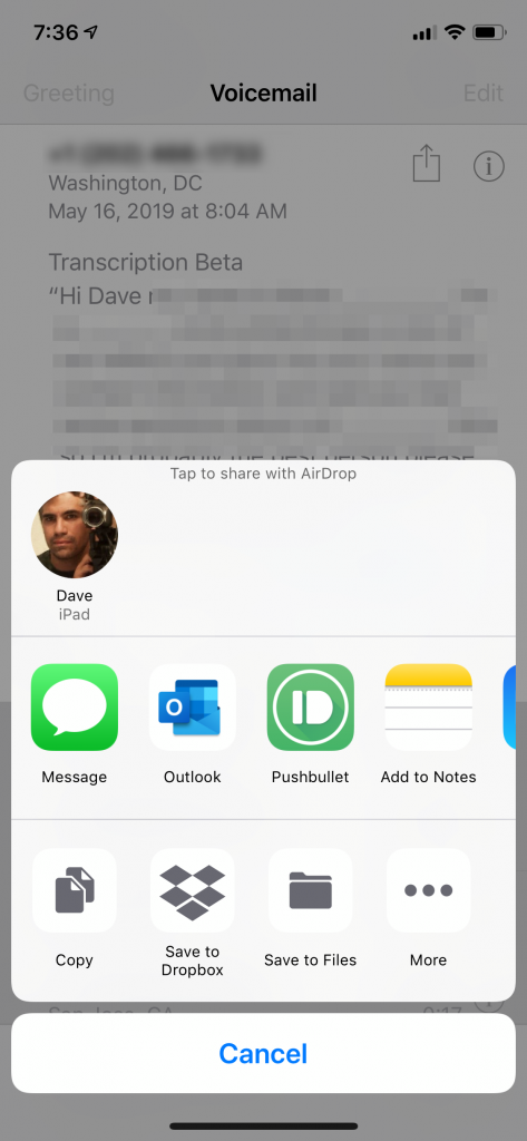 Tap the share option to save and use voicemail on iPhone.