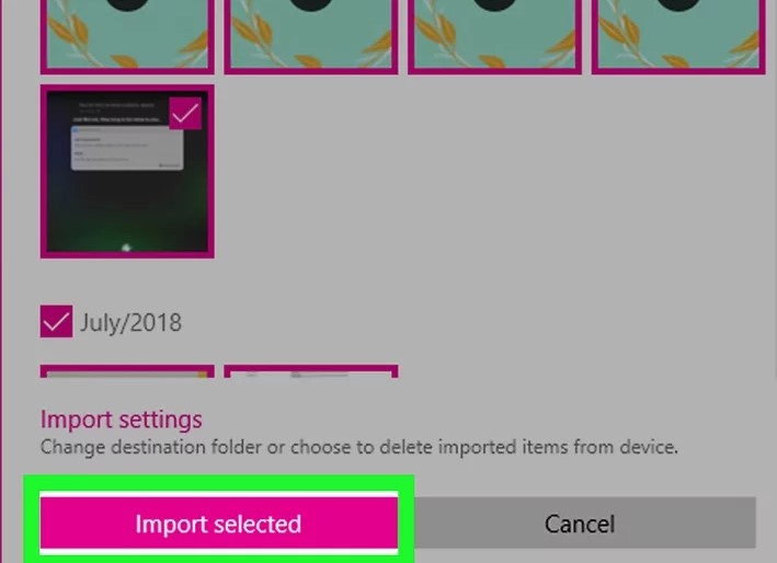 Choose import selected to transfer photos from iPad to computer.
