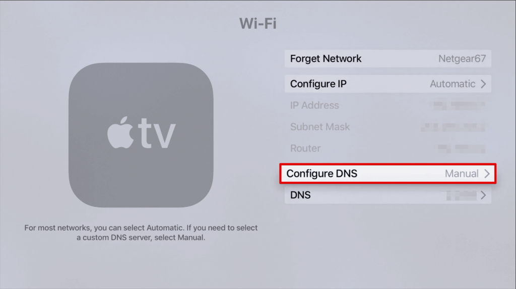 Click Configure DNS to Use Nord VPN on Apple TV