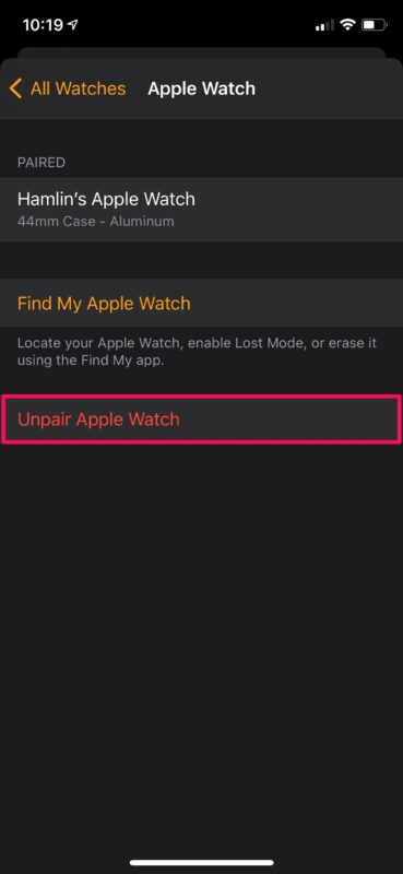 Select Unpair Apple Watch.