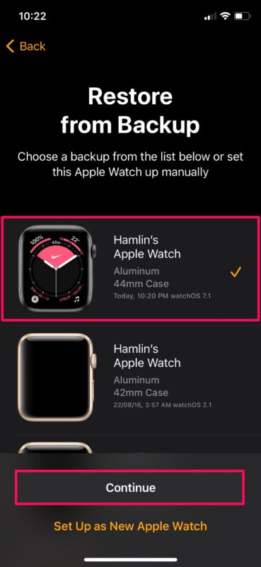 Select Continue to restore Apple Watch from Backup.