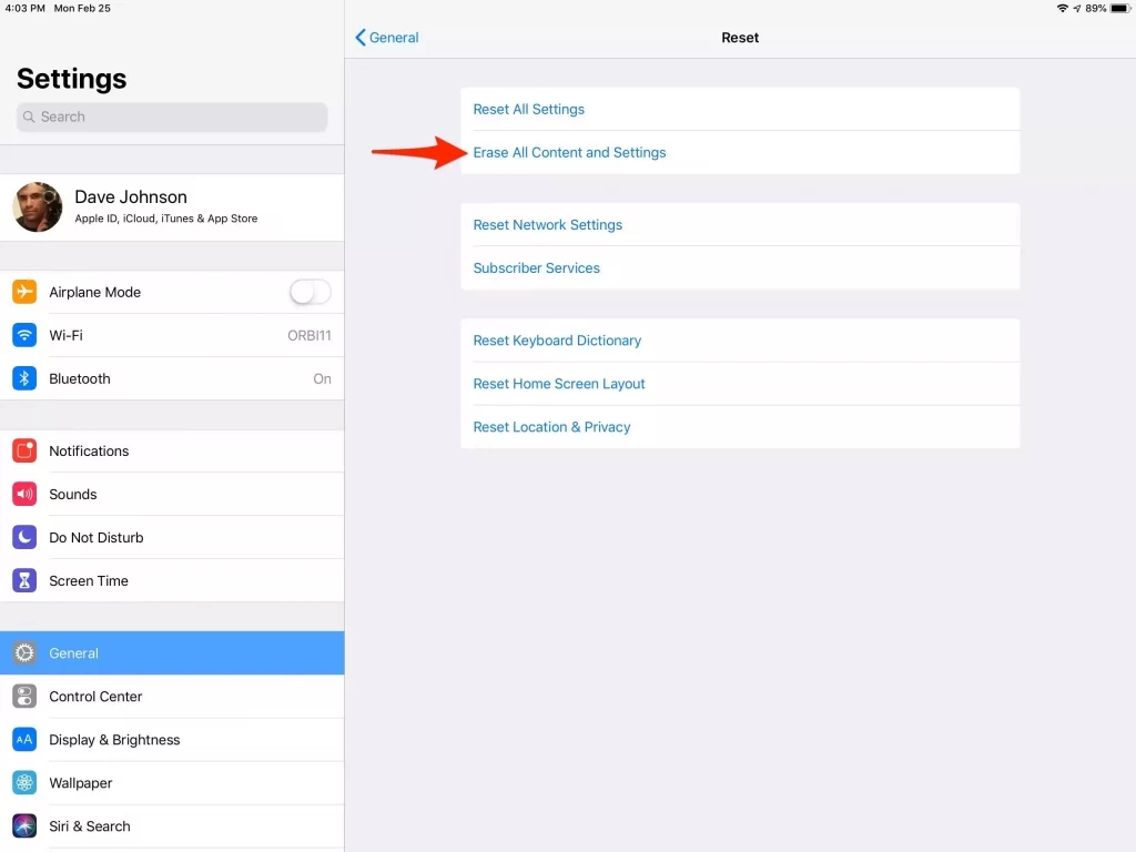 Select Erase All Content and Settings to reset your iPad.