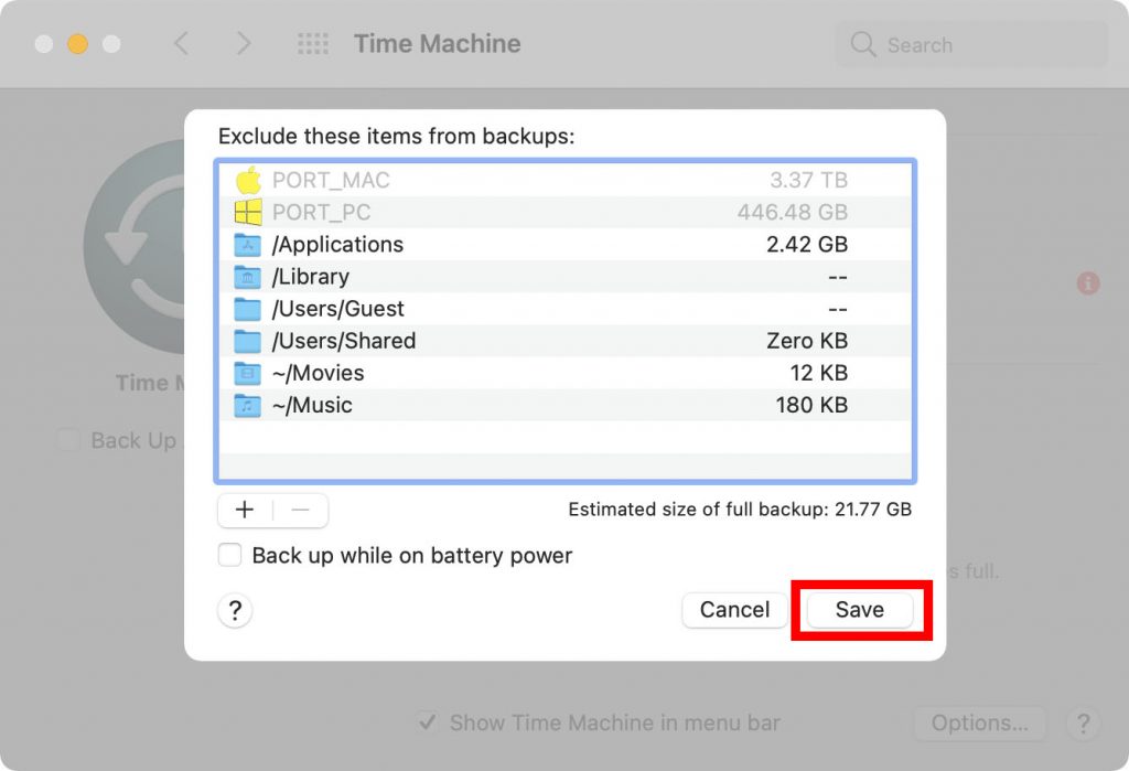 Click on Save to exclude these items from Time Machine backup on Mac.