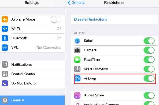 Toggle AirDrop button to enable
