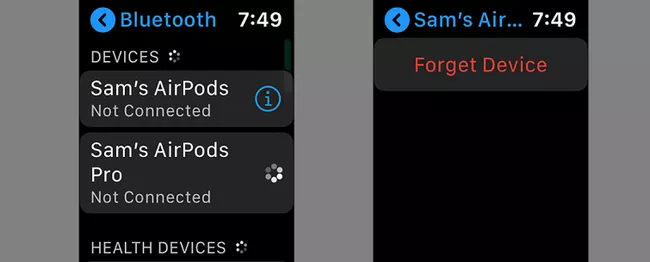 Tap on Forgot Device to disconnect AirPods on Apple Watch.