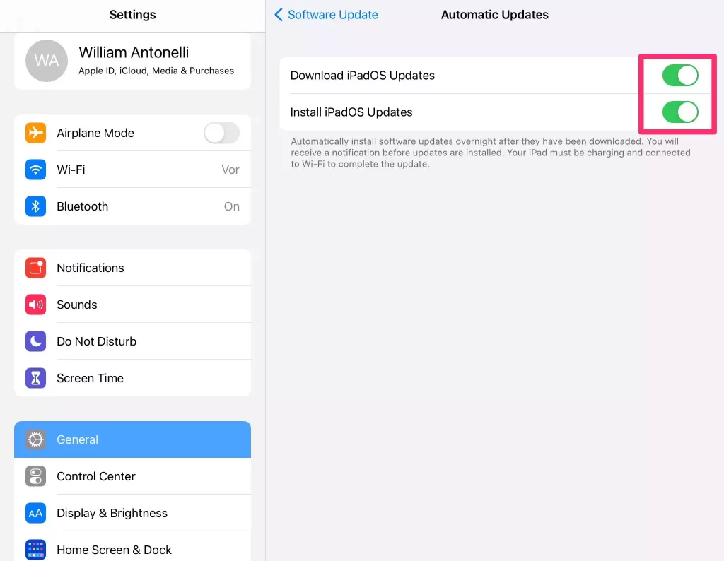 Toggle on both Download iPadOS Updates and Install iPadOS Updates