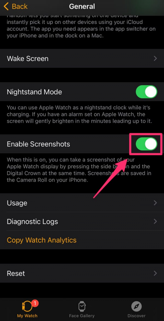 Toggle on Enable Screenshots to take screenshots on Apple Watch.