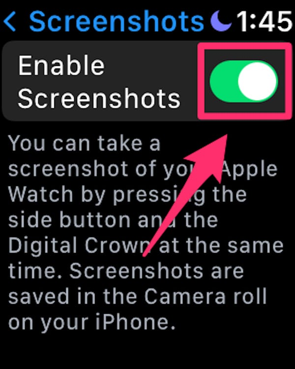 Toggle on Enable Screenshots to take screenshot on Apple Watch.