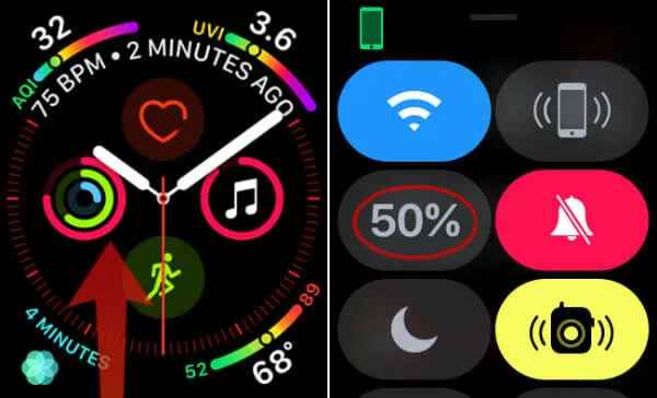 select percentage icon to check battery  on Apple watch