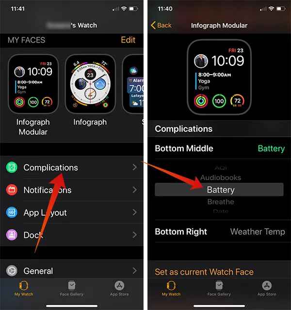select battery complication to check battery on apple watch