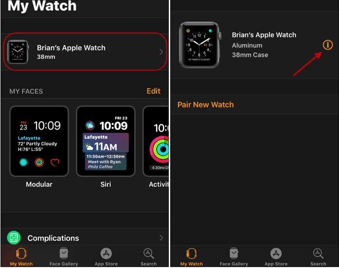 tap the information icon in the Apple watch app