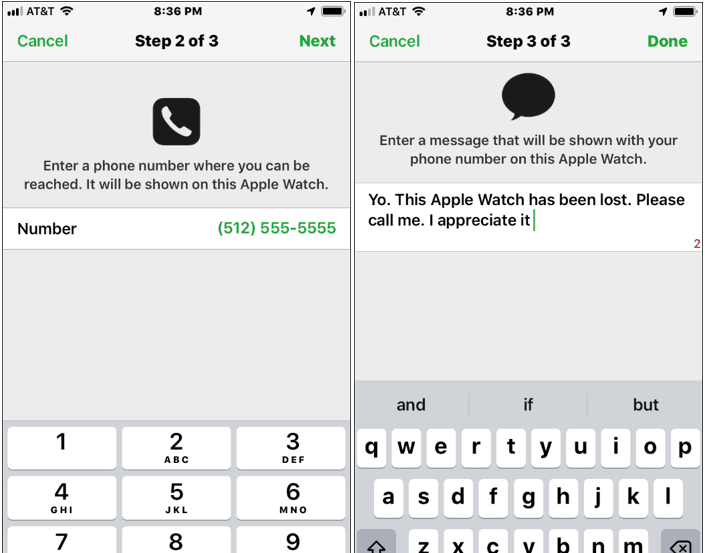 Type phone number and message to find your Apple watch