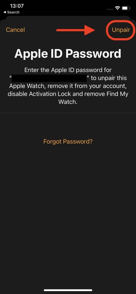 Tap unpair option to unpair Apple Watch