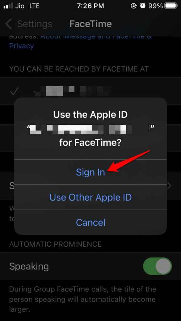 sign in to facetime account 
