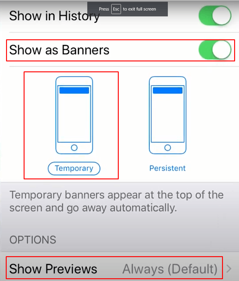 Enable Show as Banners and click temporary. 