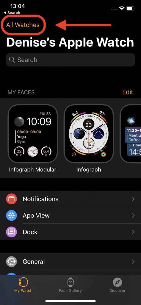 tap all watches option on Apple Watch app