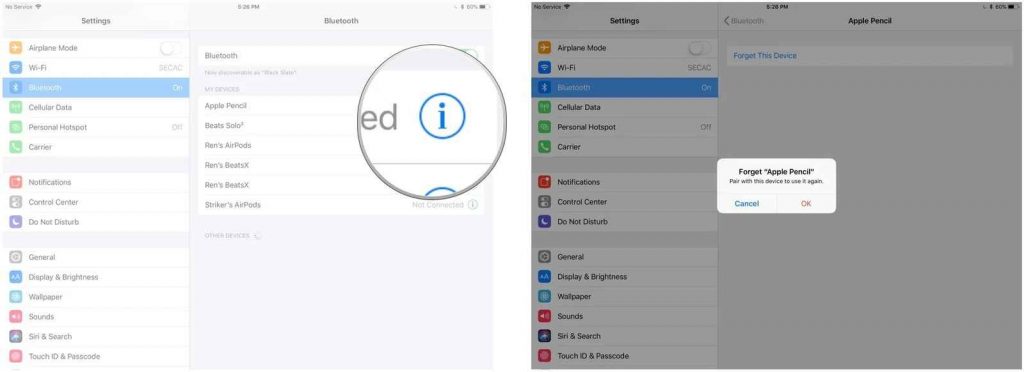 tap ok to forget the Apple pencil in iPad settings