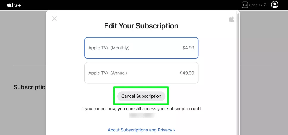 Cancel Subscription button Cancel Apple TV Subscription 