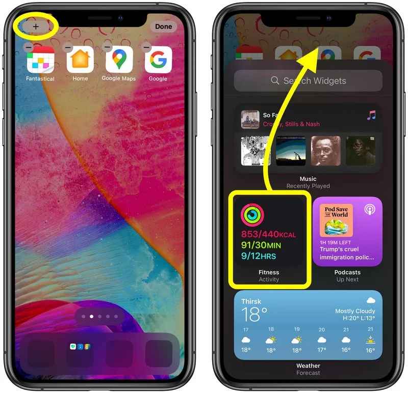 Drag and drop or tap plus icon to add the widget