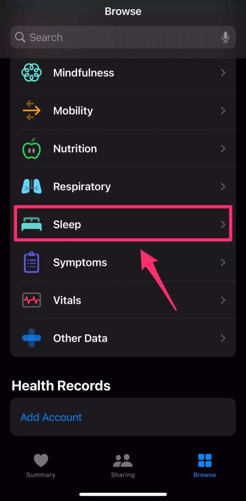 Browse tab Sleep option to Track Sleep on Apple Watch
