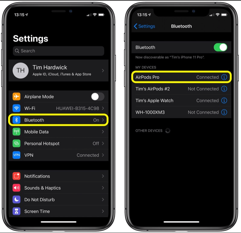 Open settings and navigate to bluetooth to select your airpods