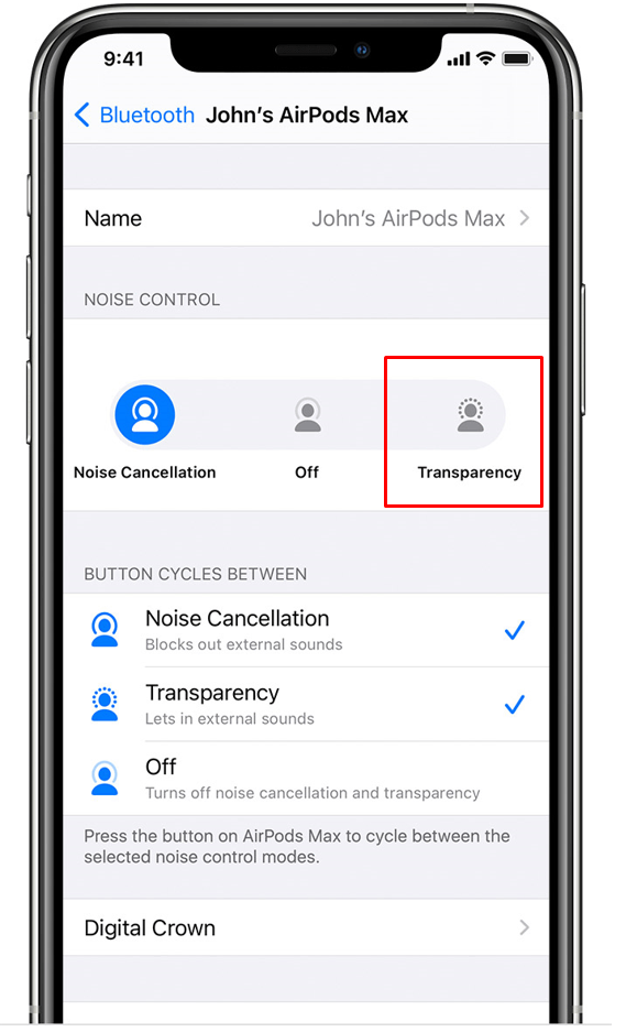 Click on the Transparency icon to turn on Transparency Mode on AirPods