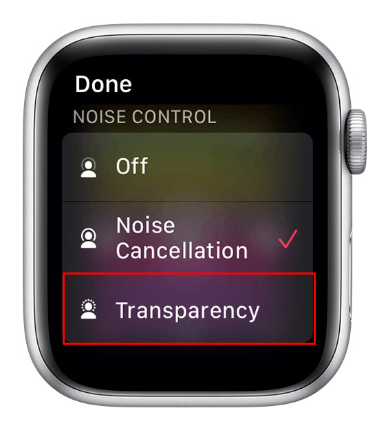 Tap Transparency to enable Transparency Mode on AirPods