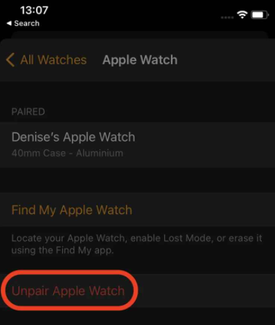 tap unpair apple watch