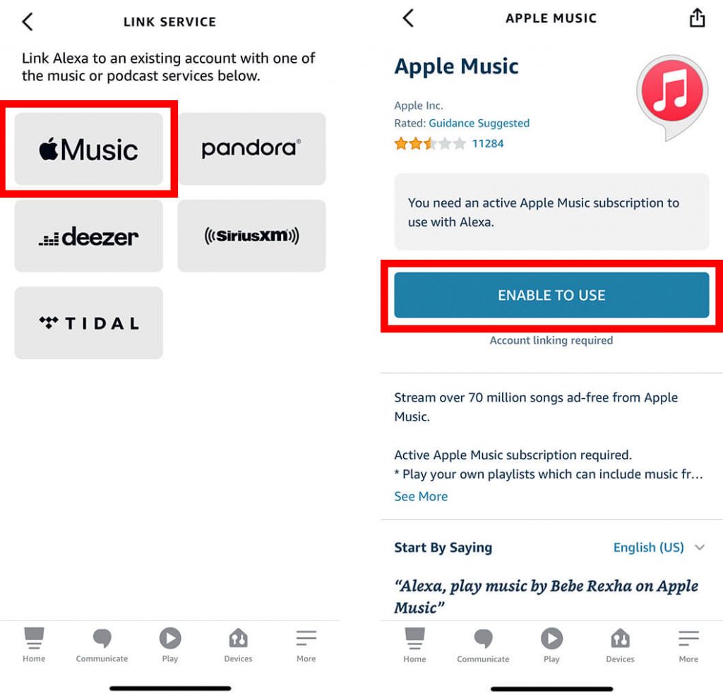 tap enable to use to play apple music with alexa 