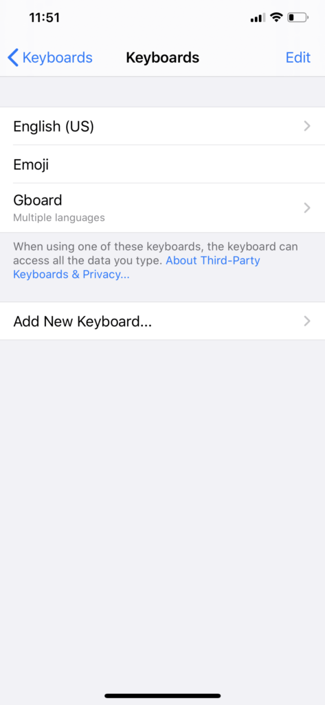 Tap add new keyboards to change the keyboard color on iPhone.