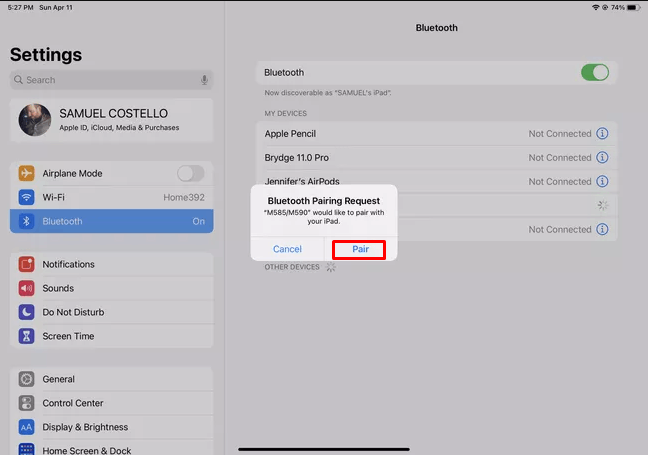 tap pair to connect your mouse to iPad