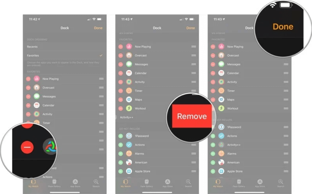 select the remove button to remove apps from dock on apple watch 