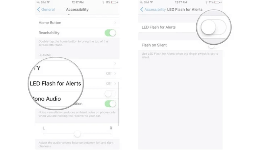 toggle the switch on to enable the flash notification on iPhone 