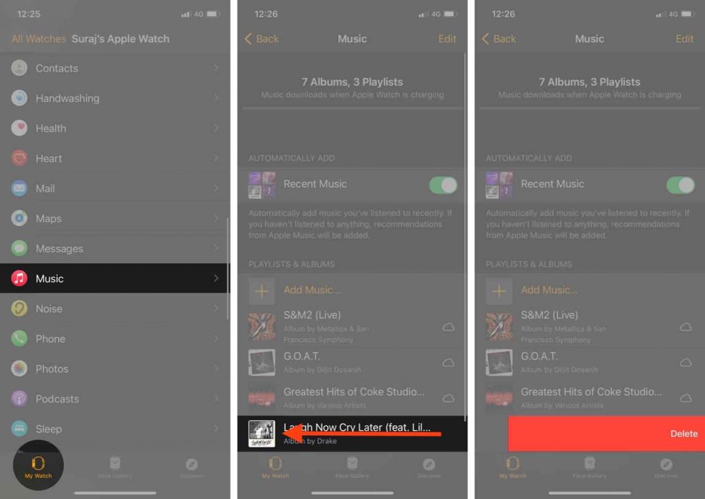 Swipe left the music to delete and free up space on Apple Watch