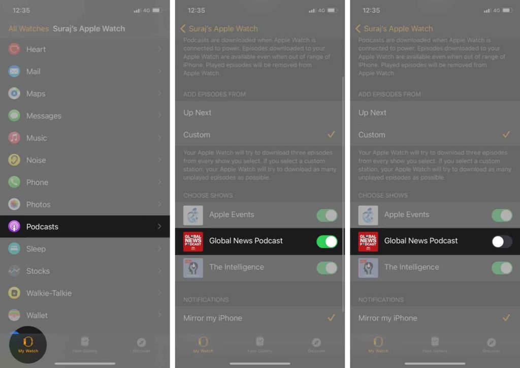 tap the toggle switch near the  podcasts channels