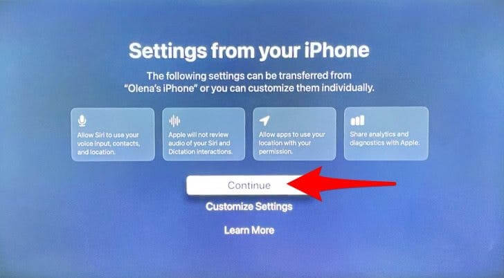 click on continue  to set up apple tv 