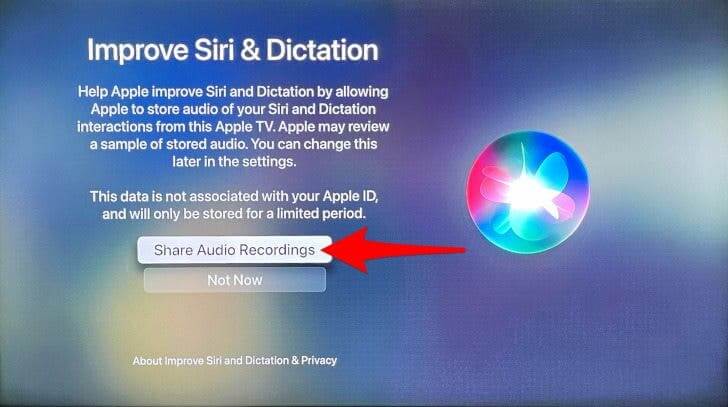 click share audio recordings to set up apple tv 