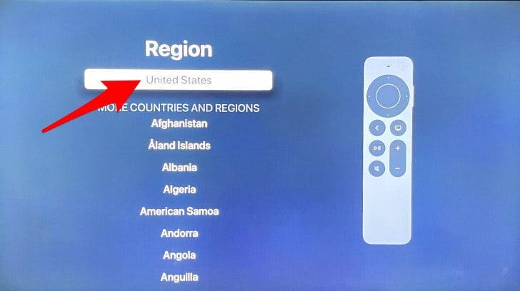 select your region  to set up apple tv 