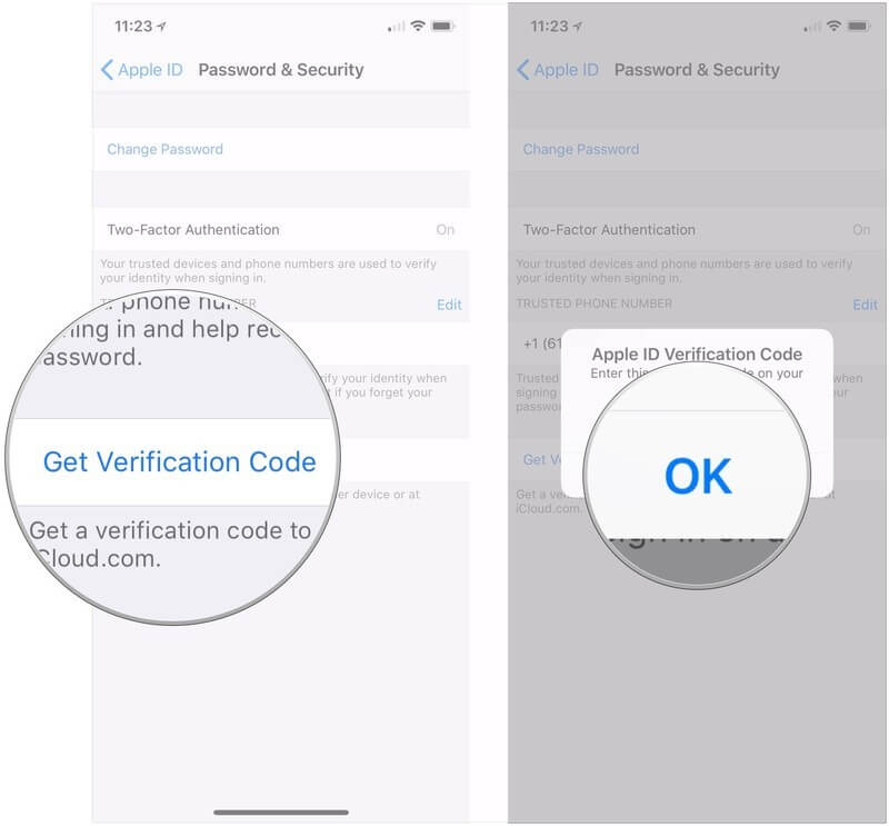 click get verification code to enable two-factor authentication on iPad